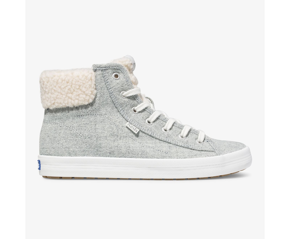 Πανινα Παπουτσια Γυναικεια - Keds Kickstart Hi Trx Brushed Denim Faux Shearling - Γκρι - EXDIT3564